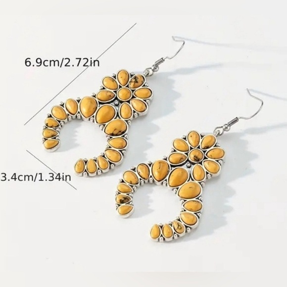 🌻 MOON SQUASH BLOSSOM Yellow Turquoise Dangle Earrings S925 Plated Southwestern - Picture 8 of 10